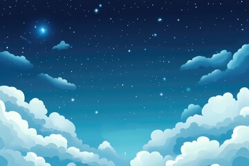 Fototapeta premium Night sky filled with twinkling stars and fluffy clouds. A vast expanse of dark blue night sky dotted with bright stars and illuminated by a brilliant celestial body. 