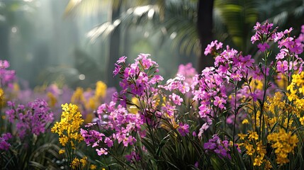 Obraz premium Blooming flowers in meadow with mystical tropical landscapes concept. A vibrant display of exotic flowers in a lush garden setting.