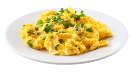 a plate of scrambled eggs with parsley