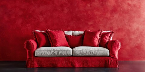 Stylish Red Sofa with Cushions Against Vibrant Red Wall Background