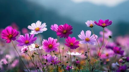 Obraz premium Blooming flowers in meadow with mystical nature and dreamlike gardens concept. Vibrant blooming flowers in a serene natural landscape.