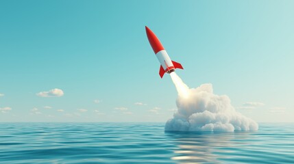 Rocket Launch Over Calm Water with Clear Sky and Clouds in Background