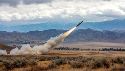 Rocket Launch Against Dramatic Mountain Landscape with Clouds