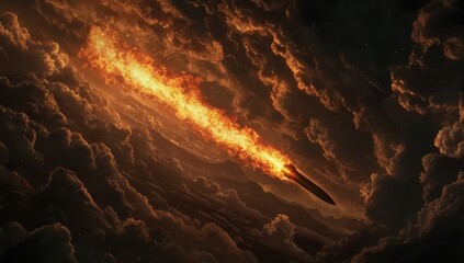Fiery Rocket Launching Through Dark Cloudy Sky at Dusk
