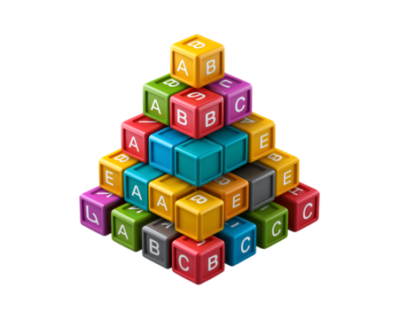 3D isometric, colorful building blocks with a transparent background, stacked on top of each other in the shape of a pyramid