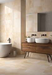 Modern Bathroom Design with Stylish Bathtub and Wooden Vanity