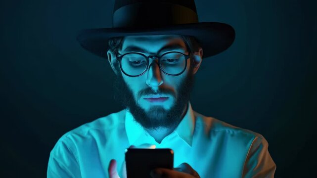 A Jewish man with traditional black hat holding a smartphone, his expression neutral, slightly curious. The screen softly glows in blue, illuminating only part of his face.