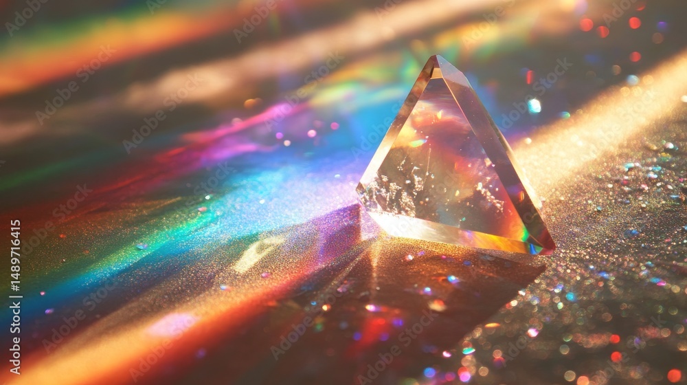 Poster light shines through a prism, creating a rainbow effect. it's like a burst of sparkly crystal light.