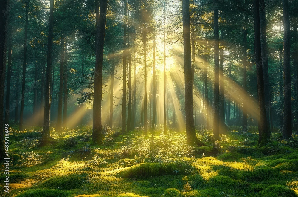 Poster Sunlight streaming through tall trees in a lush green forest creating a serene and peaceful atmosphere