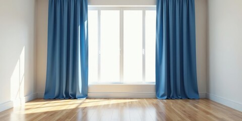 Sunlit Room with Blue Curtains and Hardwood Floor A Blank Canvas for Interior Design Inspiration