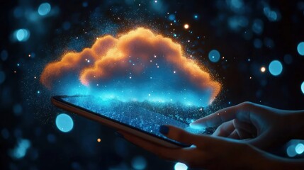 Hands holding a tablet with a glowing blue and orange cloud hologram emitting particles against a dark background with bokeh lights