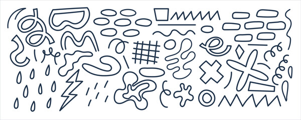 Hand drawn naive, bizarre abstract geometric shapes and forms. Modern contemporary figures, various organic shapes and doodle objects, vector graphic elements
