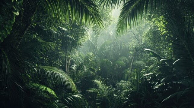 Lush tropical rainforest, mist, sunlight, dense foliage, jungle background, nature wallpaper