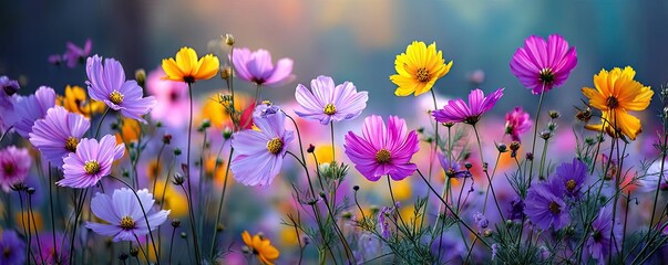Blooming flowers in meadow with glowing paradise dreamlike nature concept. A vibrant field of blooming flowers in various colors and shapes.