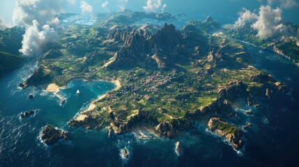 Obraz premium Island coastal town aerial view lush mountains calm ocean sandy beaches