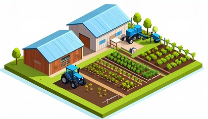 Isometric illustration of a rural farm complex.