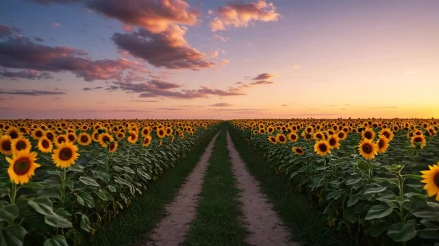 Gimbal walking shot down narrow rural path lined with tall sunflowers, capturing dynamic perspective and warm golden light through leaves and blooms during late summer afternoon