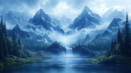 Fototapeta premium Serene mountain vista with cascading waterfall, misty valleys, and tranquil lake, shrouded in cool blue hues
