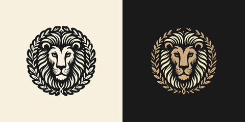 Royal lion head logo with laurel wreath in elegant black and gold design for premium branding and luxury identity