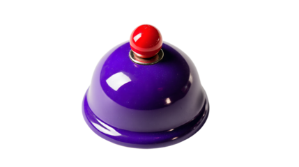 a purple bell with a red top on a white surface