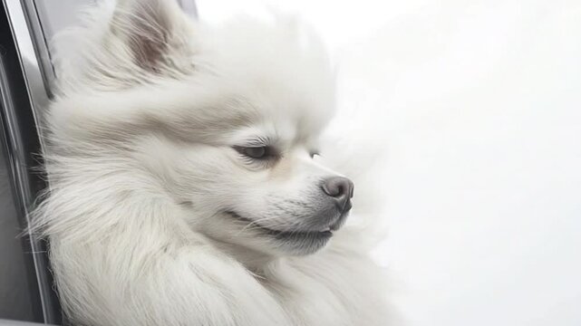 Fluffy White Dog Gazing into the Distance: A charming fluffy white dog with expressive eyes gazes thoughtfully into the distance, its soft fur and endearing features making it irresistible to capture.