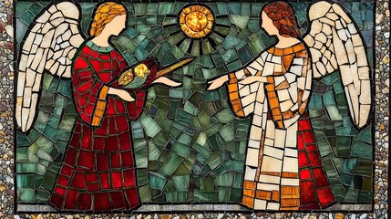 Obraz premium Angels exchanging a golden bird in a colorful stained glass art piece