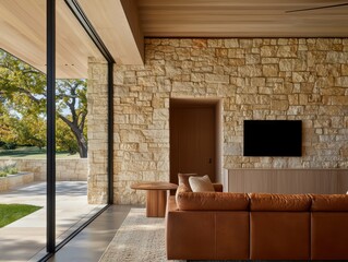 Modern Living Room with Stone Wall and Large Glass Windows