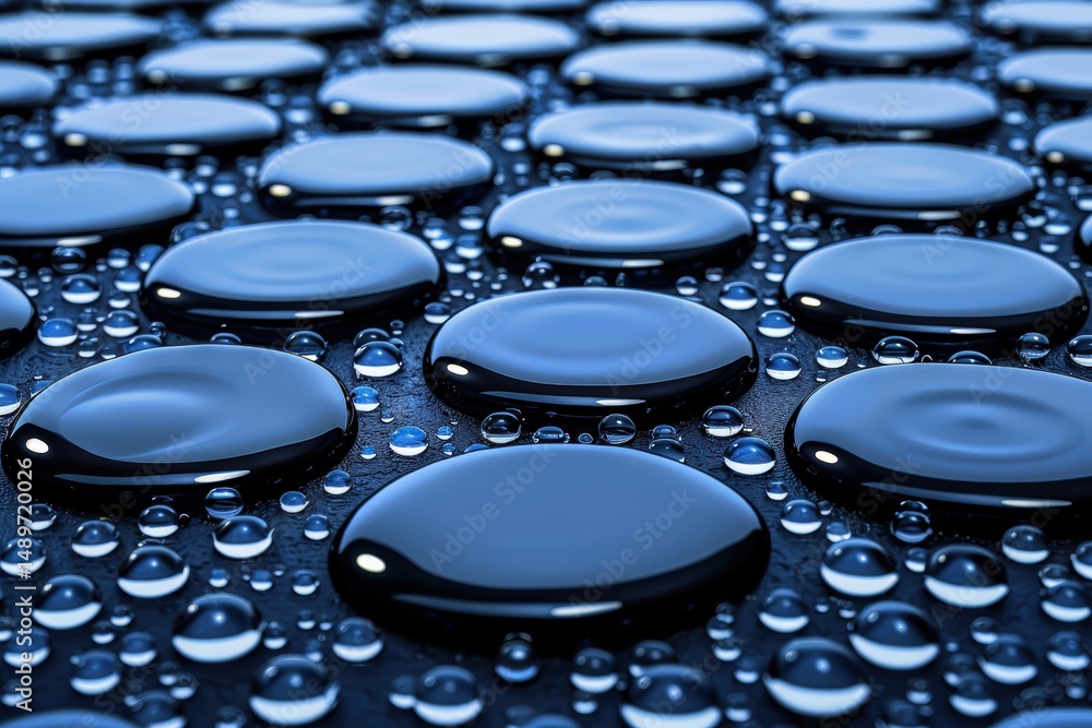 Poster smooth water droplets and large pools rest on a dark, reflective surface in a visually striking, abs