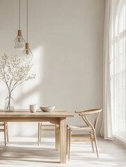 Modern wooden dining room with furniture and decorative plants