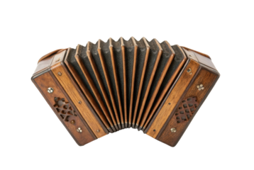 PNG Vintage wooden accordion with decorative inlays on black background