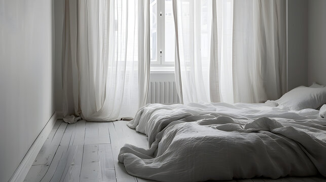 Bright bedroom with white curtains and unmade bed in a minimalist style interior design space