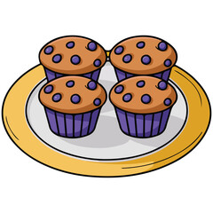 Freshly baked blueberry muffins on plate isolated vector illustration on white background