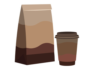 Coffee cup and paper bag packaging isolated on white background flat design