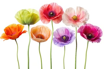 Variety of Colorful Poppies Isolated on White Background, A Floral Arrangement