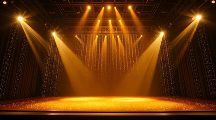 Stage with golden light beams shiny curtain and golden sparkles on stage floor with curtains