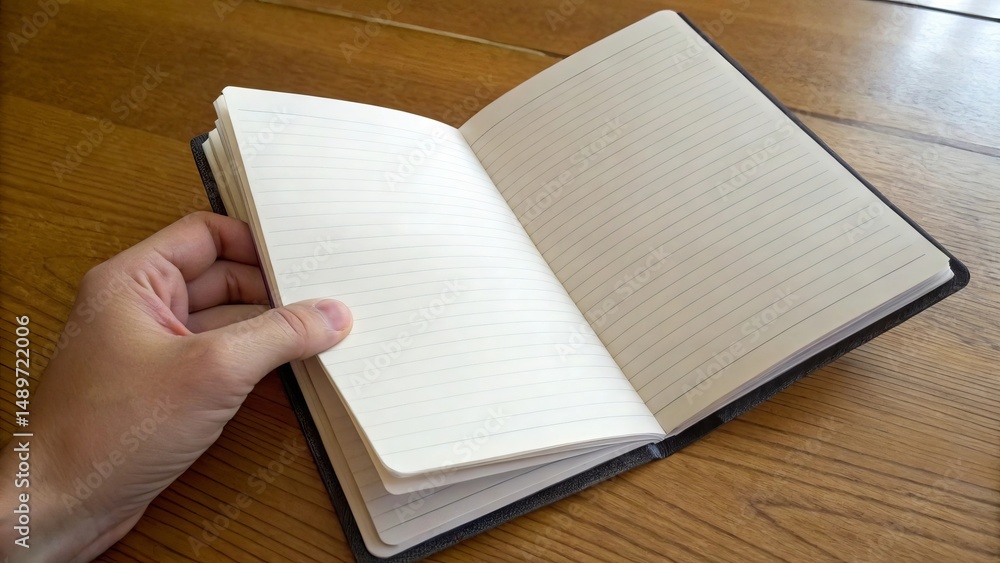Poster an open notebook with blank pages held in a hand over a wooden surface.