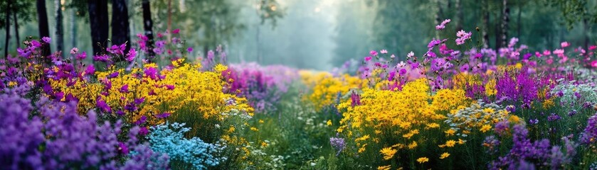 Obraz premium Blooming flowers in meadow with mystical nature and dreamlike gardens concept. Vibrant wildflowers in a sunlit forest, showcasing nature's beauty.