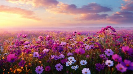 Fototapeta premium Blooming flowers in meadow with glowing paradise dreamlike nature concept. A vibrant field of blooming flowers under a colorful sunset sky.