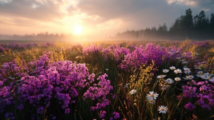 Fototapeta premium Blooming flowers in meadow with glowing paradise dreamlike nature concept. A vibrant field of wildflowers bathed in the warm light of sunrise.