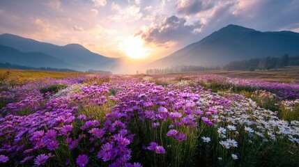 Obraz premium Blooming flowers in meadow with glowing paradise dreamlike nature concept. Colorful wildflowers blooming in a serene mountain landscape.