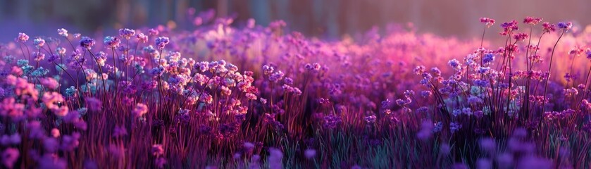 Naklejka premium Blooming flowers in meadow with glowing paradise dreamlike nature concept. Vibrant field of blooming flowers in purple hues during sunset.
