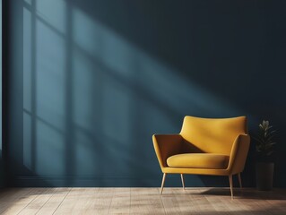 The yellow armchair is set against a navy blue wall