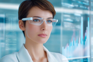 Futuristic businesswoman in smart glasses analyzing digital data interface with virtual charts in high-tech environment
