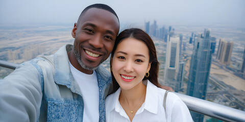 Smiling couple taking selfie on rooftop with modern city skyline in the background
