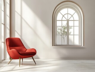 A red chair and arch window in a modern room