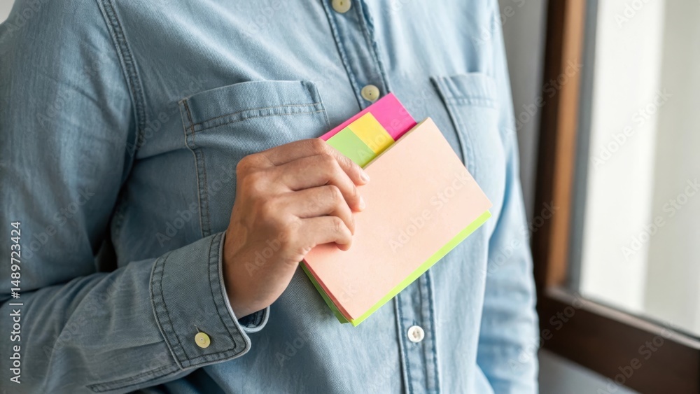 Poster a person holding a notepad with colorful tabs near a window.