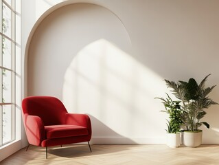 A red chair sitting in a sunny room with plants