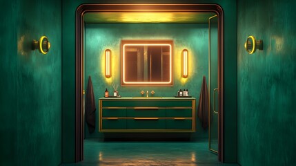 Fototapeta premium Stylish teal bathroom interior design with golden accents.