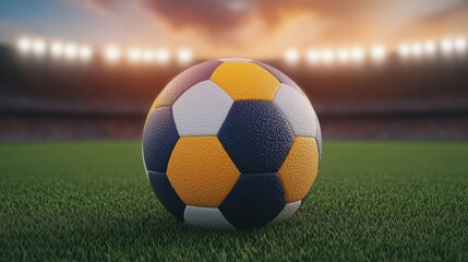 Colorful Soccer Ball on Green Field with Stadium Lights in Background