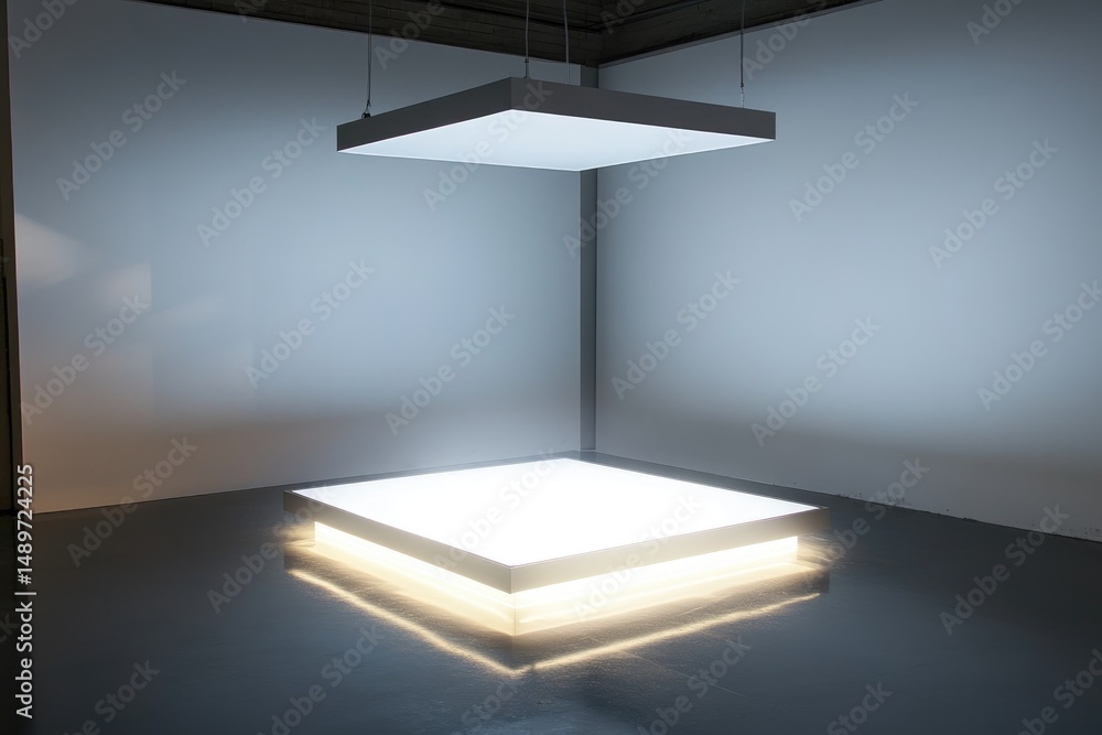 Poster minimalist, illuminated platform in a gallery space.